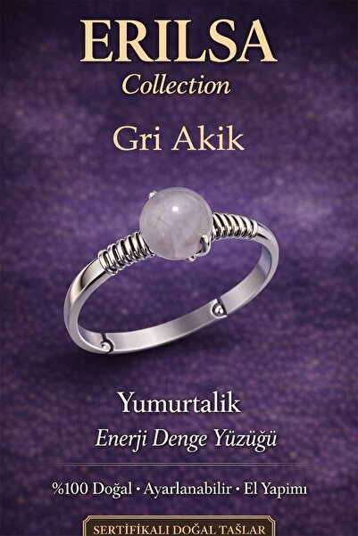 Erilsa خاتم توازن الطاقة على شكل بيضة معتمد - حجر العقيق الرمادي مع علبة رقيق...