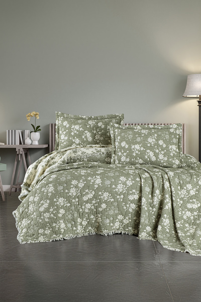 First Choice Sienta %100 Pamuk 6 Katlı Yatak Örtüsü + Yastık Seti Yeşil