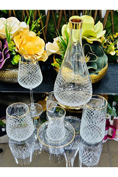 EVRA 61 Parça Cam Sofra Altın Yaldızlı Sunum Çeyiz Seti Su Bardak Takımı Kesm...
