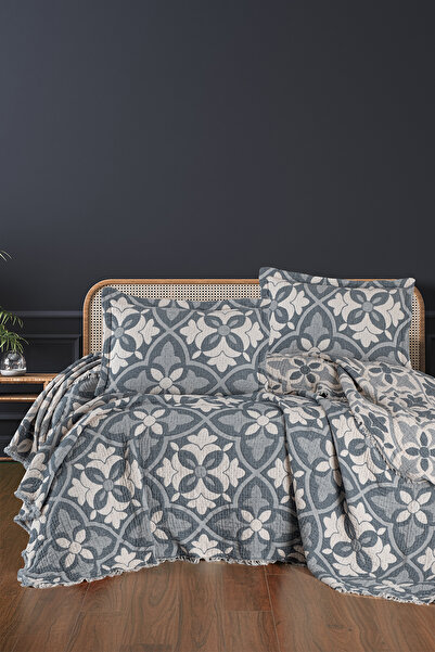 First Choice Pando %100 Pamuk 6 Katlı Yatak Örtüsü + Yastık Seti Mavi