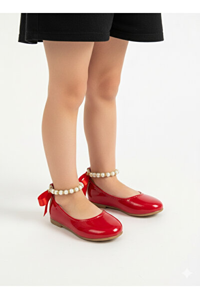 Pabrik Red Patent Leather Ballerinas with Pearl on the Ankle for Girls