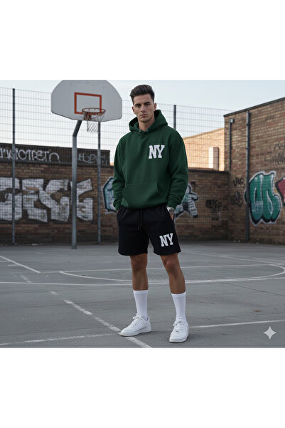 ALİ.COM Unisex Ny Printed 2-Piece Set Sweatshirt-Shorts Set Oversized Hooded ...