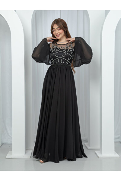 TREN Elegant Black Chiffon Maxi Dress with Silver Embroidery Long Sleeve Even...