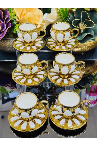 EVRA 6 Kişiilik 12 Parça Beyaz Altın Porselen Kahve Fincan Takımı