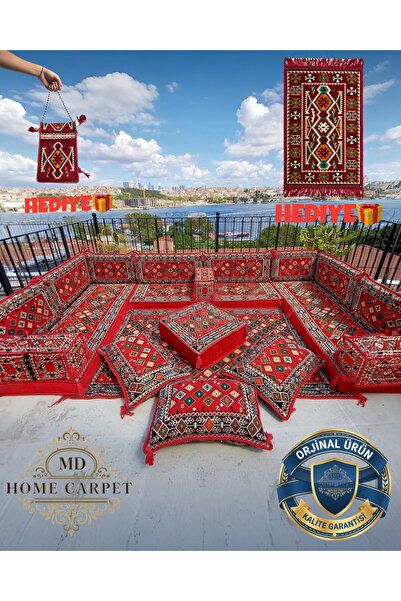 mdhomecarpet Şark Köşesi Minder Takımı Kilimli Orta Masalı | Yıkanabilir Ferm...