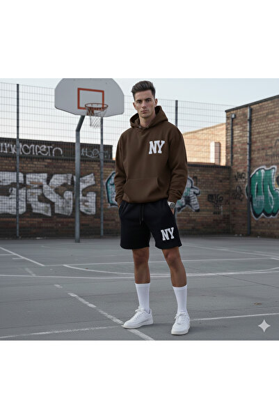 ALİ.COM Unisex Ny Printed 2-Piece Set Sweatshirt-Shorts Set Oversized Hooded ...