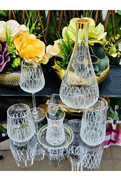 EVRA 61 Parça Cam Sofra Altın Yaldızlı Sunum Çeyiz Seti Su Bardak Takımı Kesm...