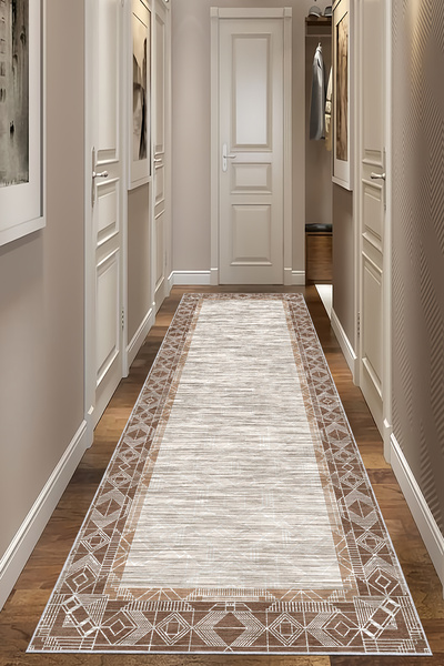 CENTER AVM Krem Halı Yolluk Makinede Yıkanabilir Halı Kaymaz Taban Halı