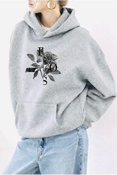 FUFLUNS Rose Flower Printed Oversize Ka Hooded Weatshi̇rt