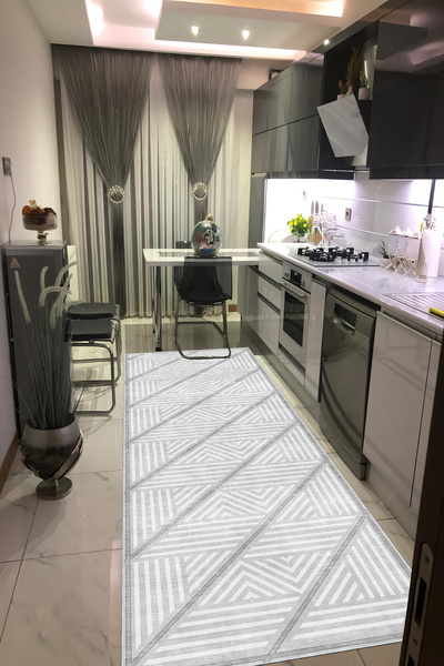 CENTER AVM Gri Halı Mutfak Halısı Makinede Yıkanabilir Halı Kaymaz Taban Halı