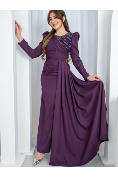 TREN Purple Long Sleeve Maxi Dress with Embellished Shoulders Evening Gown fo...
