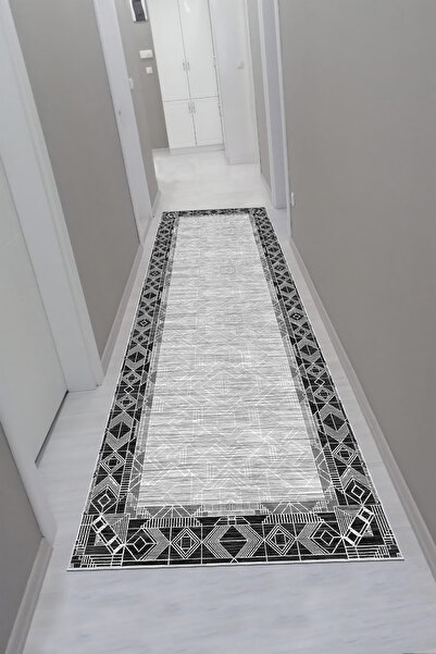 CENTER AVM Gri Siyah Halı Yolluk Makinede Yıkanabilir Halı Kaymaz Taban Halı