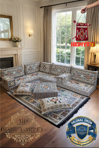 mdhomecarpet Şark Köşesi Minder Takımı Kilimli Orta Masalı Yıkanabilir Fermua...