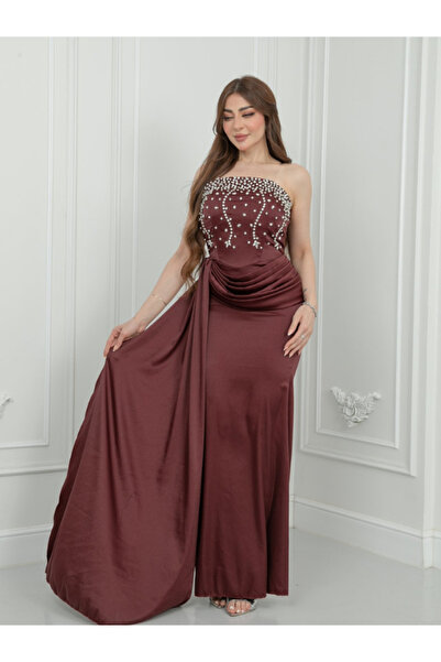 TREN Burgundy Strapless Evening Gown with Pearl Embellished Bodice | Formal P...