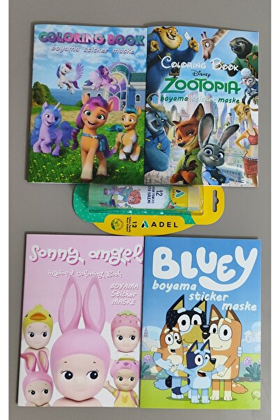 ada çanta kırtasiye 4 adet stickerli boyama kitabı ve 12 li adel tüp kuru boy...