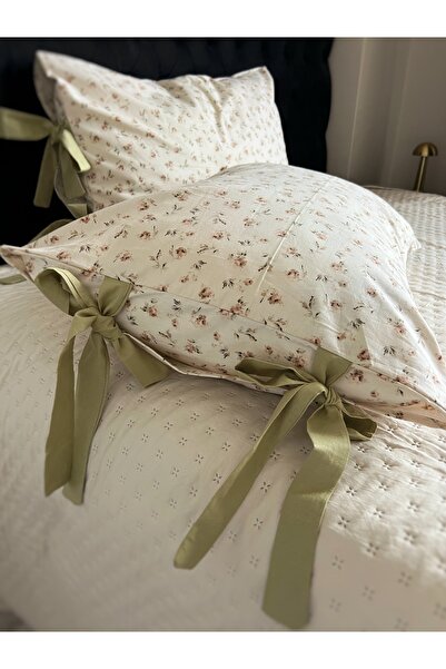 ToffyStore 100% Cotton 2-Piece Vintage Flowered Cream Tie-Up Pillowcase