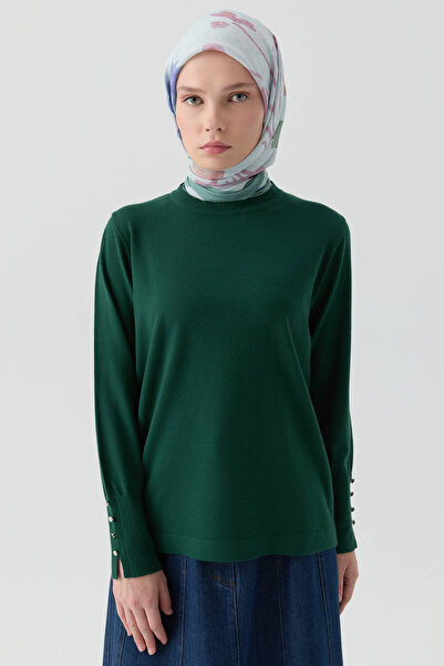 Tuğba Kolları Düğme Detaylı Sıfır Yaka Kazak - Yeşil