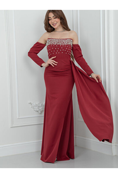 TREN Burgundy Off-Shoulder Evening Dress with Crystal Embellished Bodice & De...