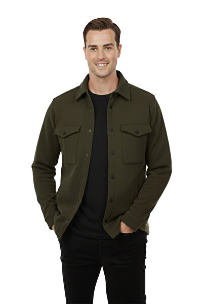 Rizz up Men's Khaki Slim Fit Snap Closure Cashmere Fabric Jacket – Stretch Fa...