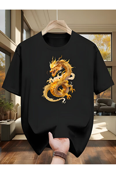 Printiva Zenrova Unisex Oversized Gold Dragon Printed Cotton Crew Neck Short ...
