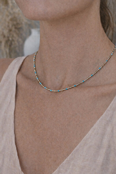 Mu Minamu Mavi Mineli Gold Renk Çelik Zincir Kolye | Minimal & Günlük Şık Tas...