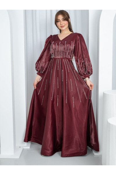 TREN Burgundy Satin Evening Gown Crystal Embellished Long Sleeve Modest Forma...