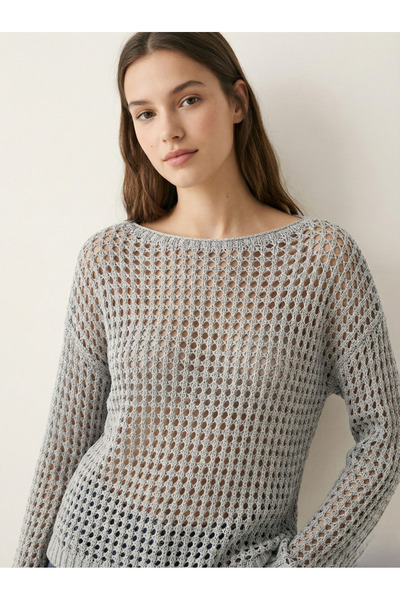 peralist Lace-Like Knit Boat Neck Gray Knitwear Blouse – Long Sleeve Stylish ...