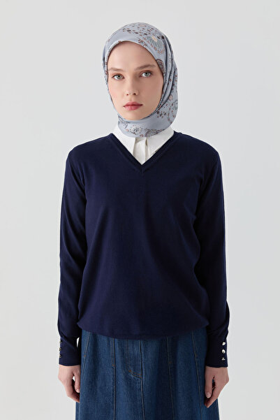 Tuğba V Yaka Kol Düğme Detaylı Kazak - Lacivert