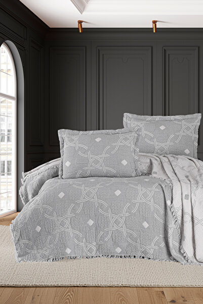 First Choice Montela %100 Pamuk 6 Katlı Yatak Örtüsü + Yastık Seti Gri