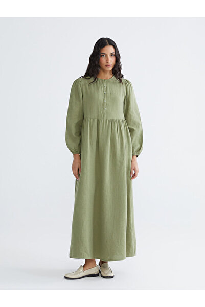 LC Waikiki LCW Modest Yeşil Bisiklet Yaka Balon Kollu Müslin Elbise