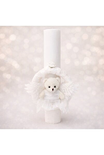 kizu Lumânare de botez cu ursuleț îngeraș și pene, lucrată manual