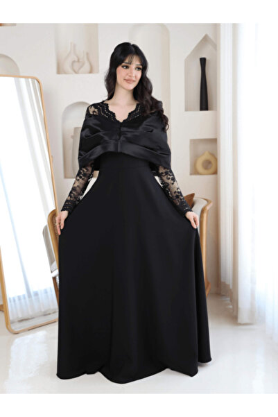 TREN Elegant Black Maxi Dress with Sheer Lace Sleeves | Long Evening Gown for...