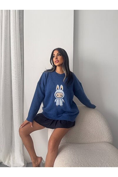 erki triko Crew Neck Character Embroidered Knit Sweater