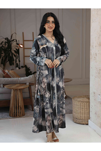 Nice Model Luxurious Satin Abaya Robe with Embellished Trim Belted Waist Feat...