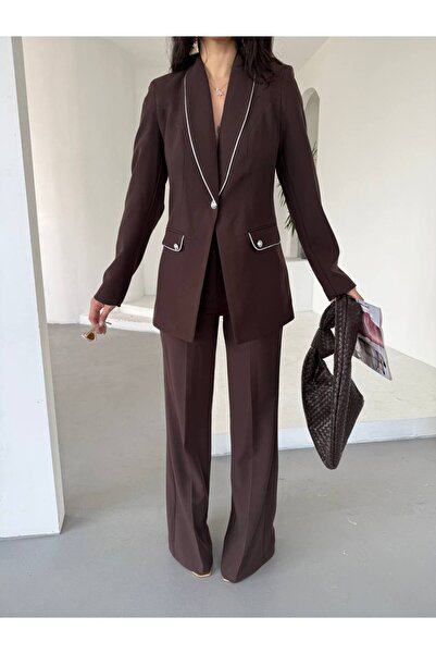 buqre's moda Women's Collar Stone Pearl Button B Piped Suit