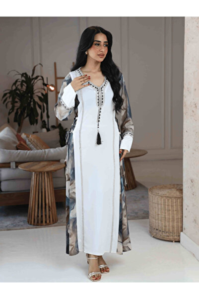 Nice Model White Moroccan Abaya with Watercolor Printed Panels Long Sleeve Mo...
