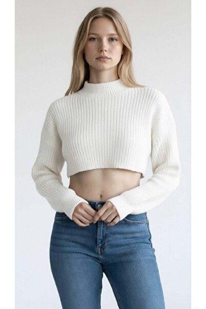 Miss Poem Ecru Women's High Neck Corded Fabric Crop Knit Sweater