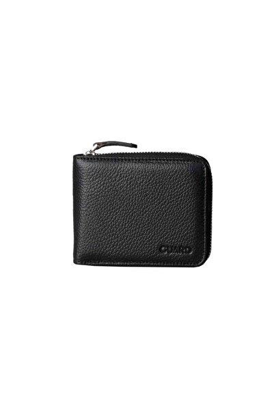 GUARD Black Zippered Horizontal Mini Genuine Leather Wallet