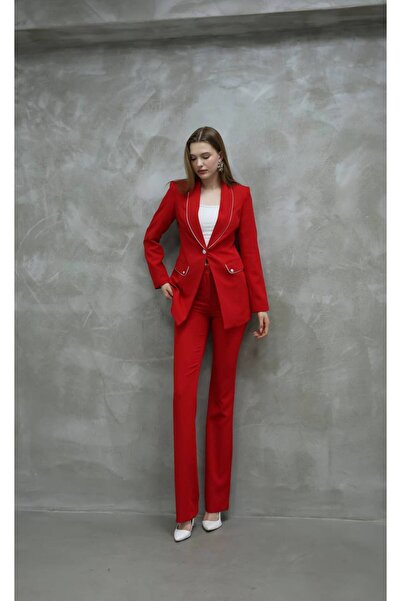 buqre's moda بدلة نسائية بأزرار من اللؤلؤ الحجري B حواف أسطوانية