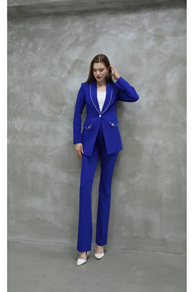 buqre's moda Women's Collar Stone Pearl Button B Piped Suit