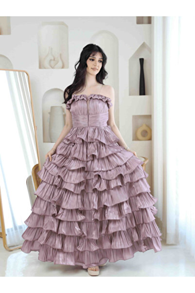 TREN فستان ماكسي متعدد الطبقات بلون وردي باهت | فستان سهرة مكشوف الكتفين | فس...