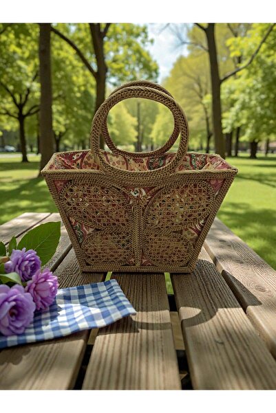 DNC Art&Deco Genuine Rattan Women's Bag with Butterfly Motif - Handmade Large...
