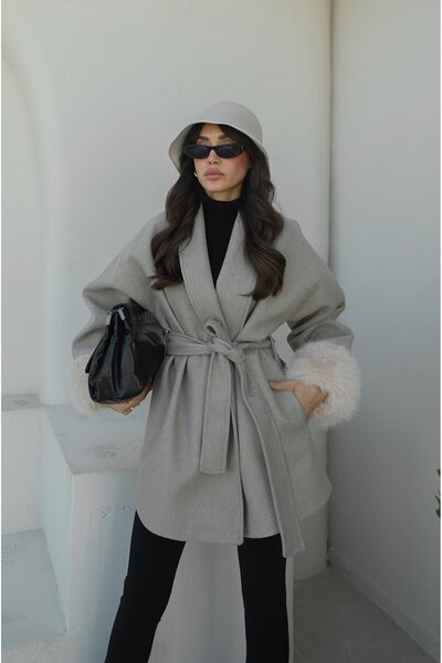 Havoş Stone Color Sleeves Fur Belted Cashmere Coat
