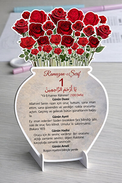 Dijital Nostal Ramazan Ayı Kırmızı Güllü 30 Günlük Masa Takvimi, Ramazan-ı Şe...