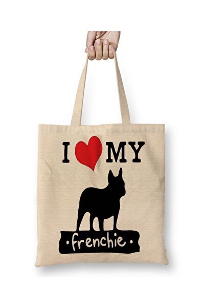 Toyaso I Love French Bulldog Dog Geantă de tote albă Geantă de cumpărături cu...