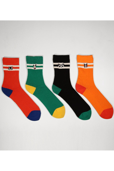 Katia&Bony Unisex Animal Patterned 4 Pack Socket Socks Black/Green/Red/Orange