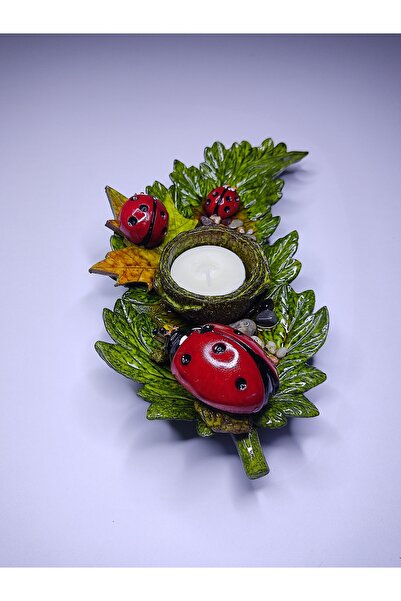 DNC Art&Deco 24cm Uğur Böceği Figürlü Epoksi Yaprak Mumluk - El Yapımı Şans T...