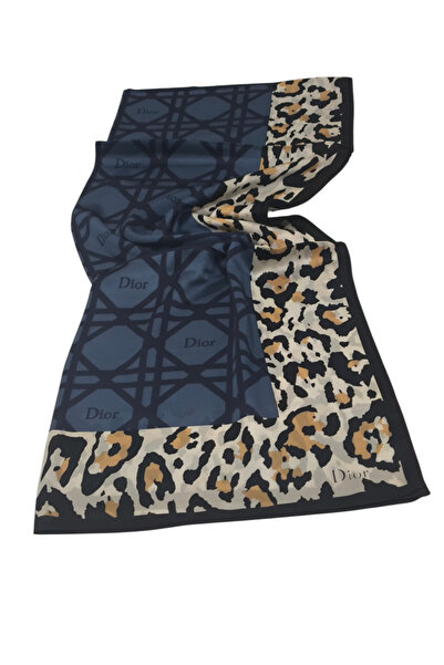 PİRAMİT Vual Silk Shawl Leopard Geometric Pattern Denim Blue Navy Blue
