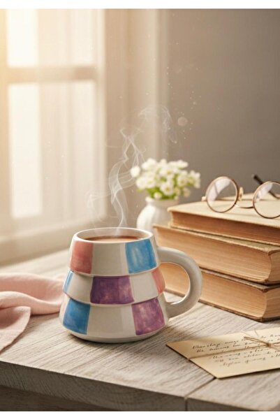 SeraCEY Kare Desenli Renkli El İşlemeli Özel Tasarım El Yapımı Seramik Kupa