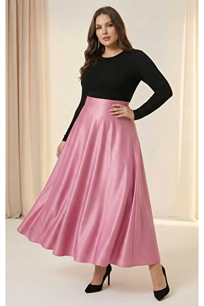 puerpuellamoda Büyük Beden Trend Kadın Pembe Yüksek Bel Cepli Saten Kloş Maxi...